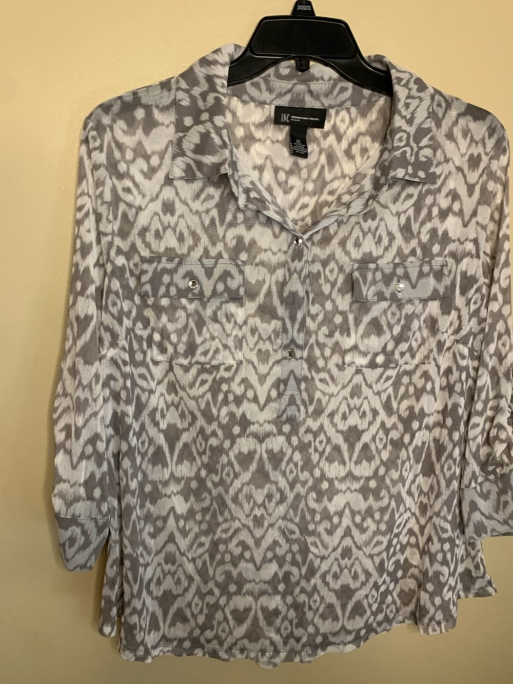INC International Concepts Gray & White Ikat-Print Button Down Blouse